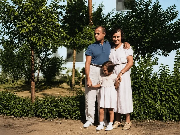 Résultat du coloriseur montrant une famille de trois personnes en extérieur dans des tons vintage naturels