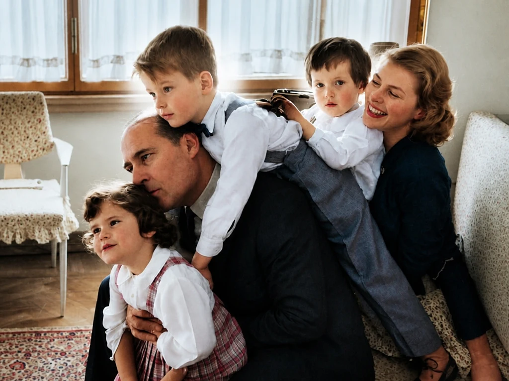 Résultat du coloriseur montrant une famille avec trois enfants dans un salon lumineux