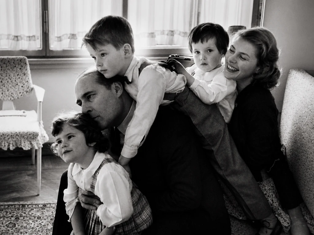Photo de famille d’origine en noir et blanc dans un salon avant la colorisation par IA