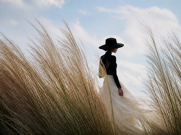 Résultat du coloriseur montrant une femme en robe fluide au milieu de hautes herbes