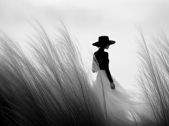 Portrait de mode d’origine en noir et blanc dans de hautes herbes avant la colorisation