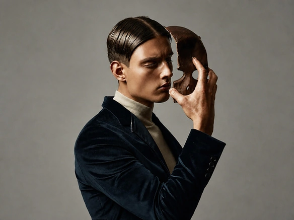 Résultat du coloriseur montrant en couleur un homme en costume tenant un masque de théâtre
