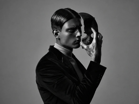 Portrait d’origine en noir et blanc d’un homme avec un masque avant la colorisation
