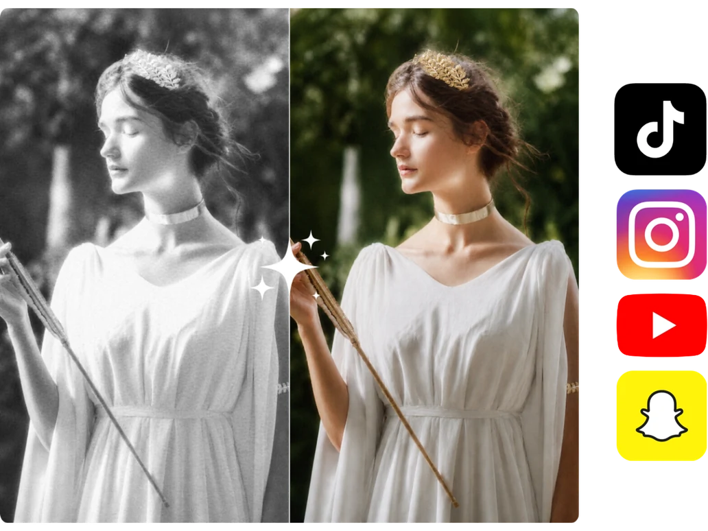 Portrait avant-après du coloriseur préparé pour les réseaux sociaux