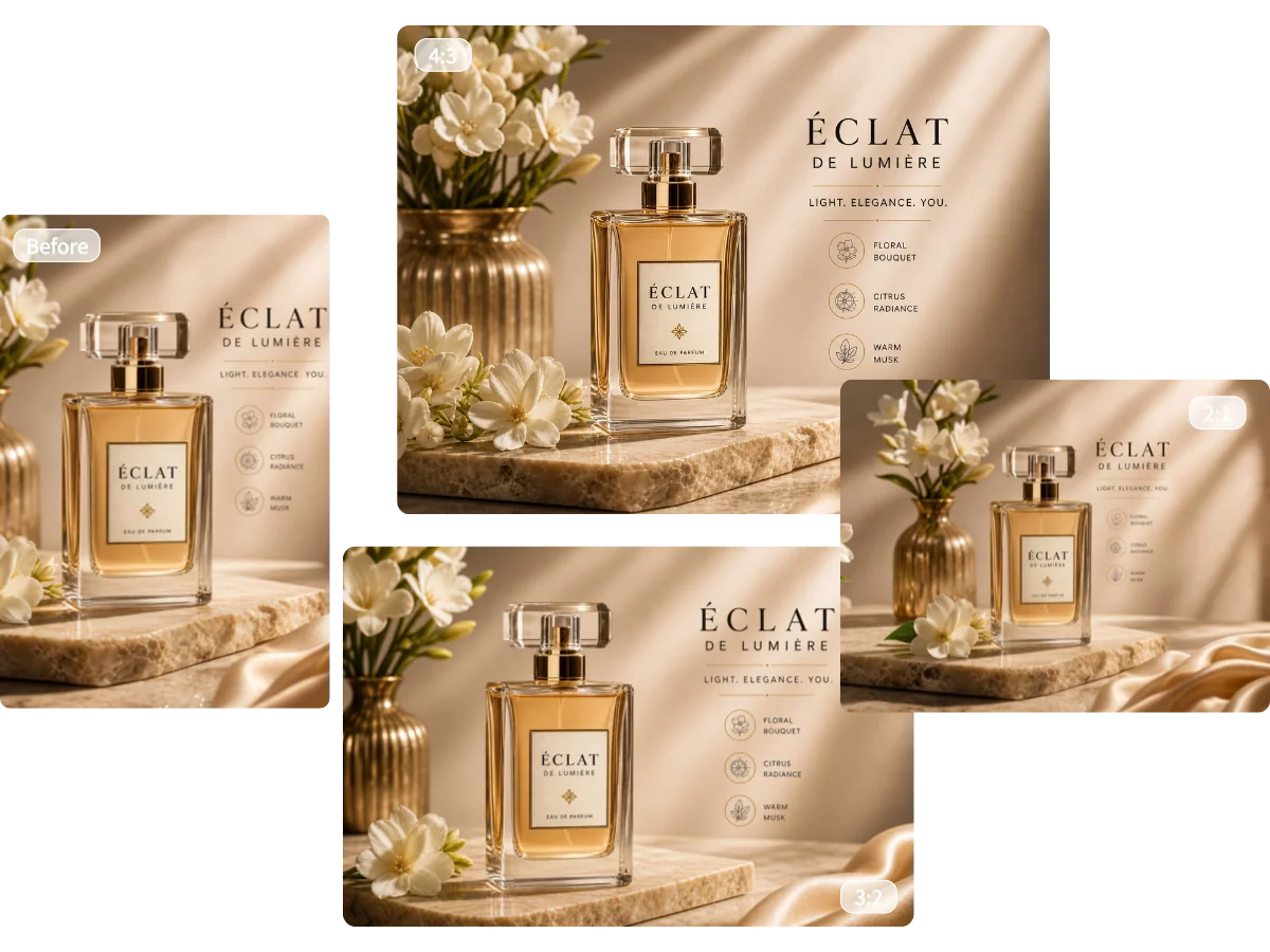 Parfüm-Produktmotiv ohne Zuschneiden an Marketinglayouts in 4:3, 3:2 und 2:1 angepasst