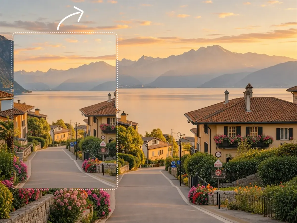 Ein vertikales Foto eines Dorfes am See bei Sonnenuntergang, natürlich zu einer Querformat-Komposition erweitert
