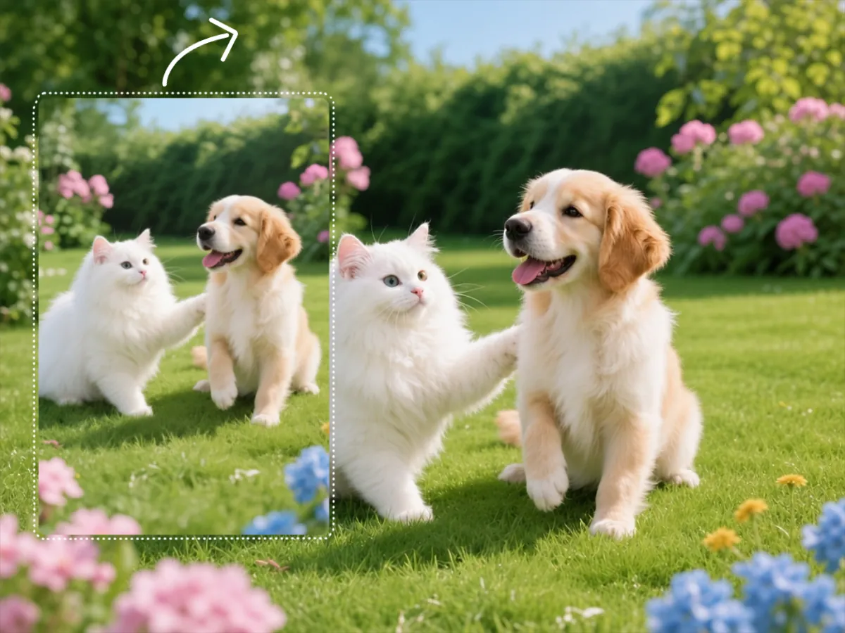 Ergebnis nach dem Umwandeln vom Hochformat ins Querformat: Katze und Golden Retriever in einem erweiterten Blumengarten