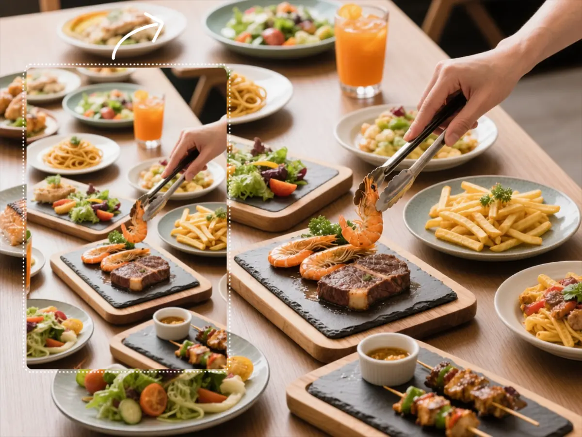 Ein Restauranttisch, dessen Hochformat seitlich erweitert wurde, um mehr Speisen und Umgebung zu zeigen