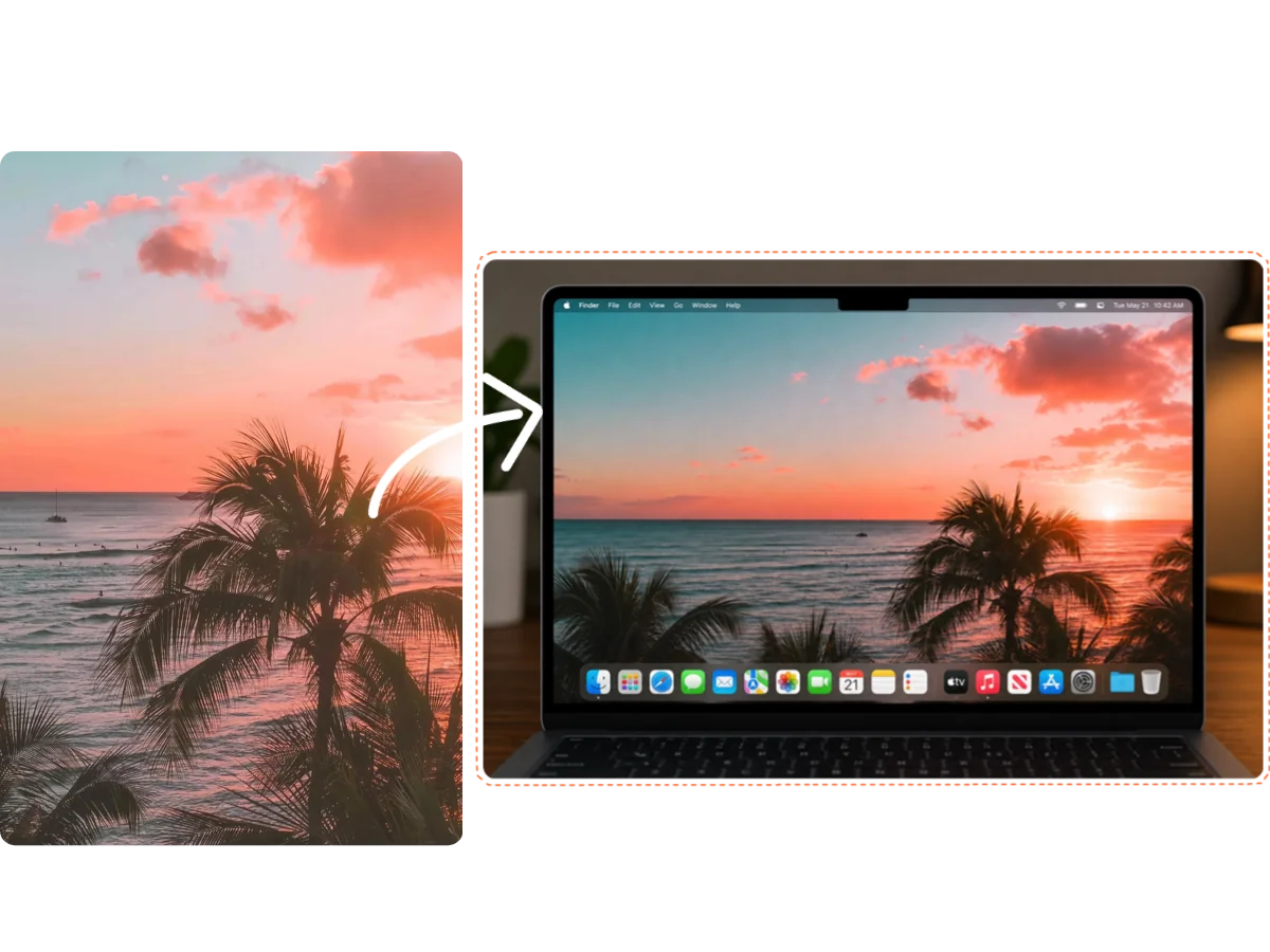 Vertikaler tropischer Sonnenuntergang, zu einem breiten Desktop-Hintergrund auf einem Laptop erweitert