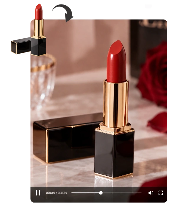 Roter Lippenstift als Referenz neben einem generierten Produktvideo mit warmem Licht und Rosenblättern.