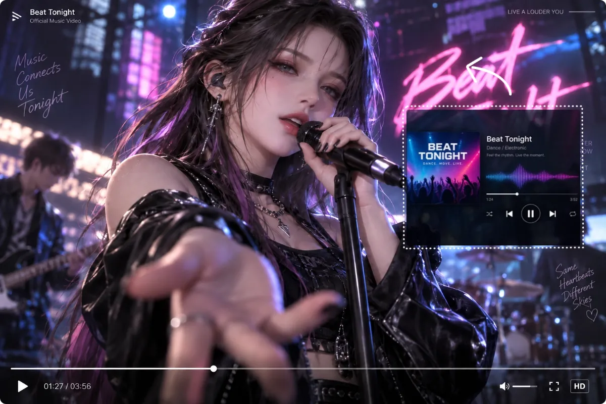Singer performing under neon lights with an audio reference guiding the AI music video.