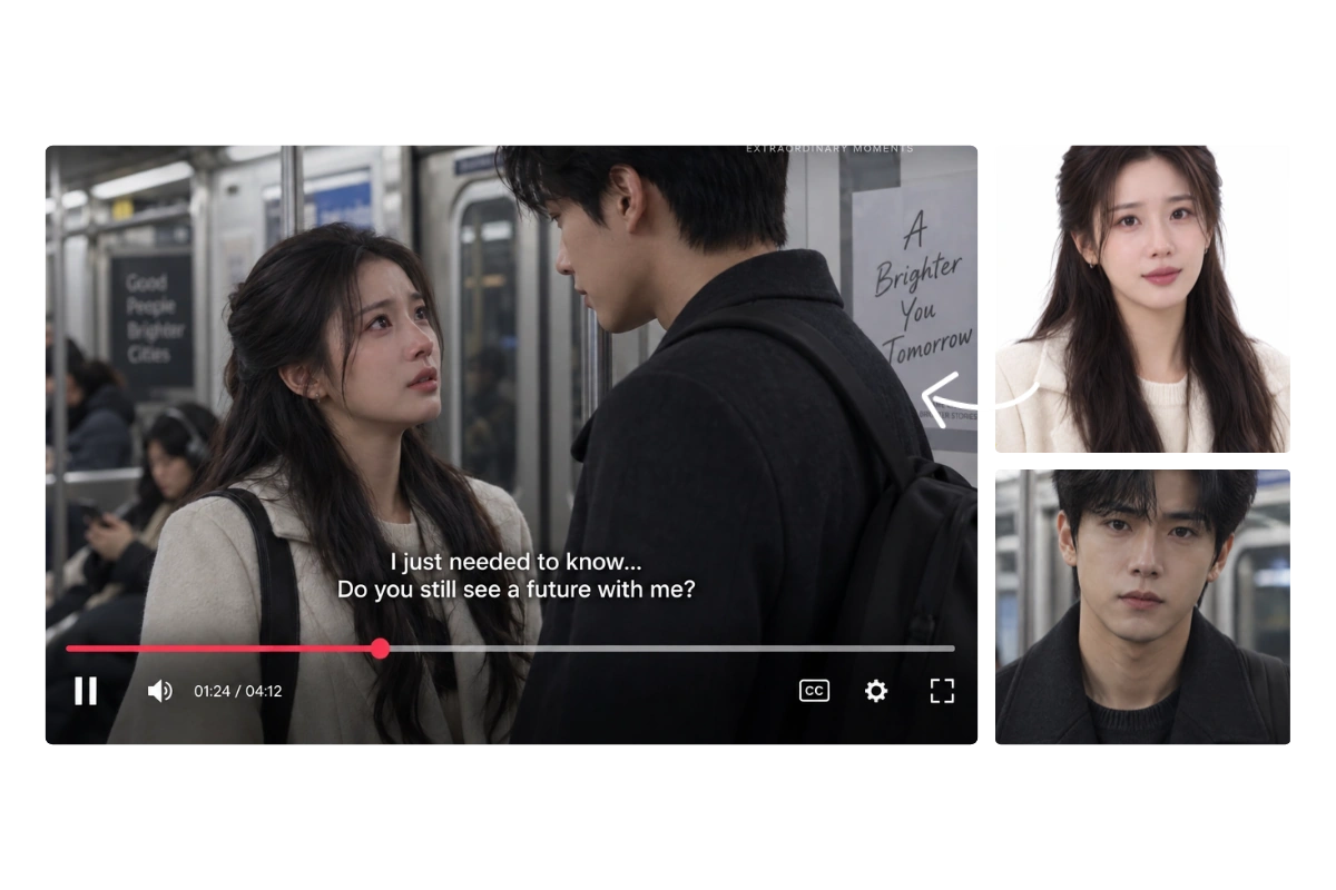 Two character references beside a romantic subway scene created with Reference to Video AI.