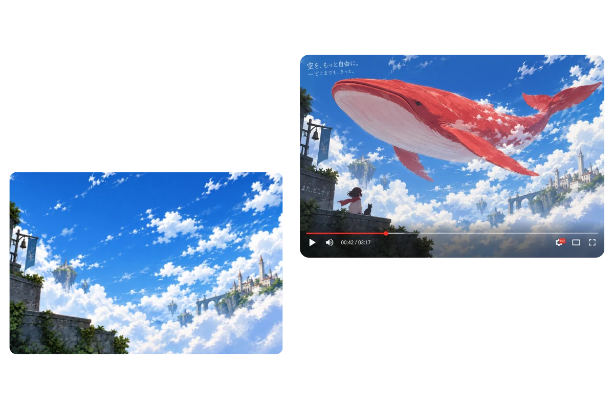 Cloudscape reference transformed into a flying whale scene with a Reference to Video AI Generator.