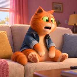 Animated orange cat sitting on a sofa, used as a reference for a character video.
