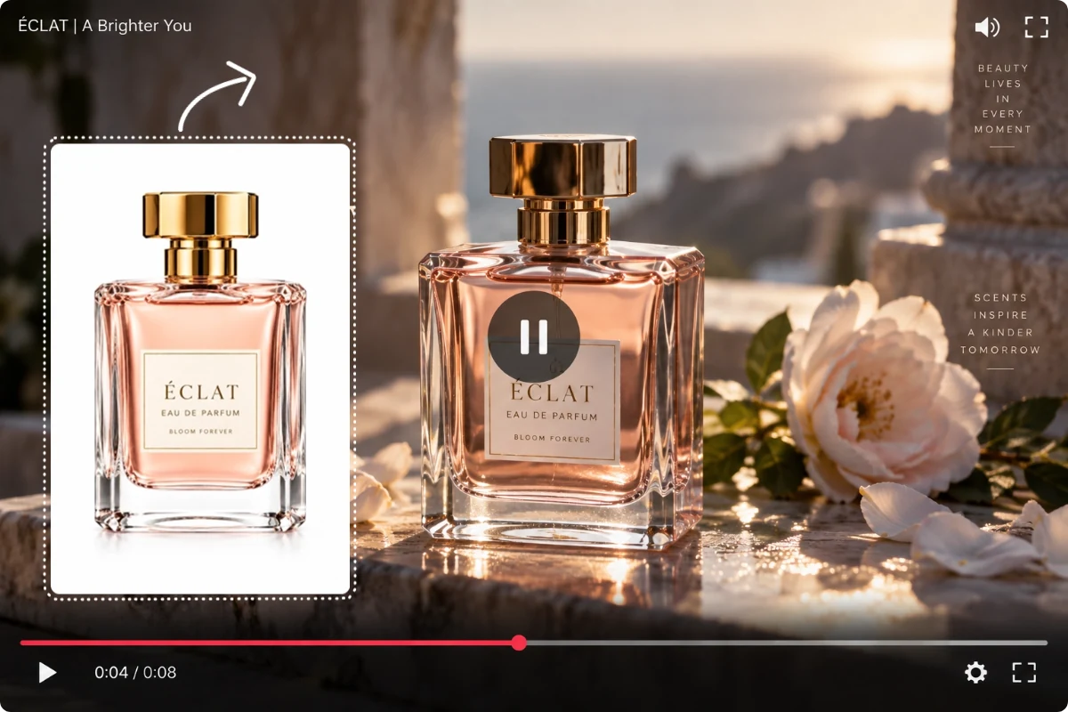 Perfume bottle reference beside a cinematic product ad created with Reference to Video AI.