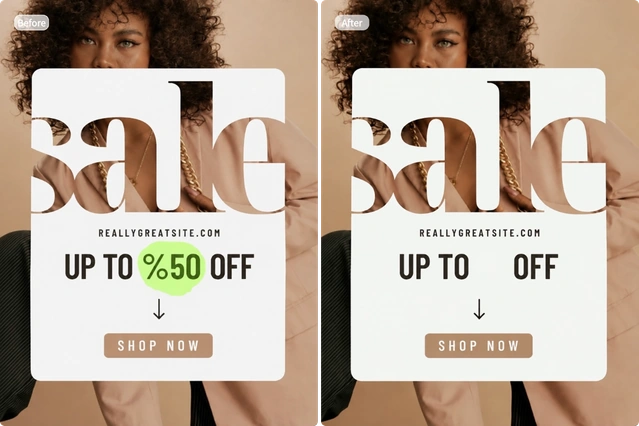 Mode-Sale-Plakat vor und nach dem Entfernen der markierten Rabattzahlen