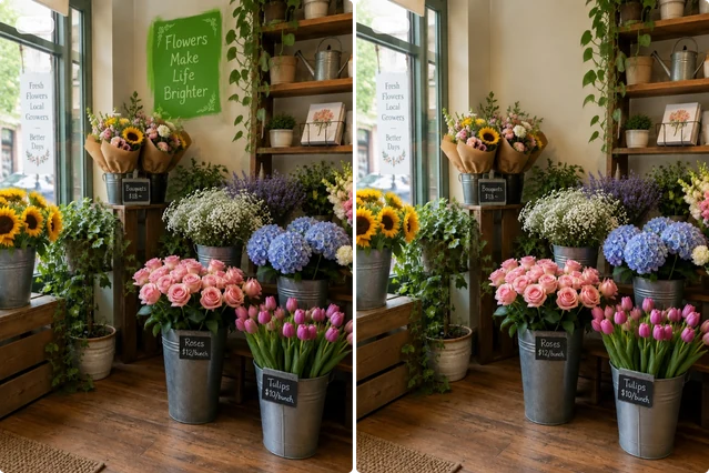 Blumenladen-Schaufenster vor und nach dem Entfernen der Schrift bei unveränderter Blumendekoration