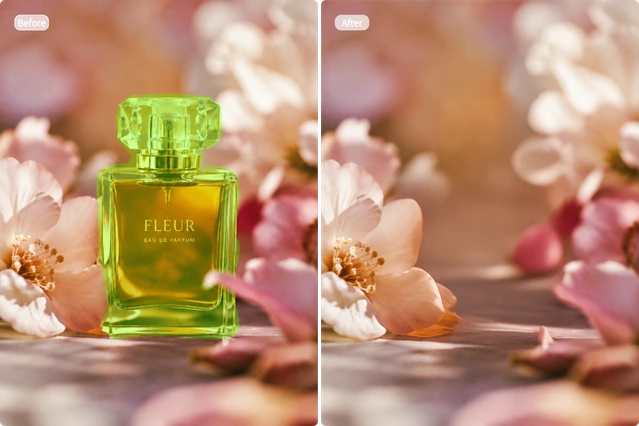 Florales Produktmotiv nach dem Entfernen eines Parfümflakons mit unverändertem hellrosa Hintergrund