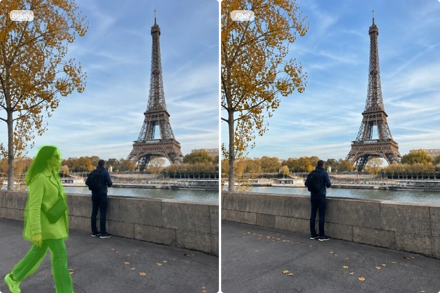 Reisefoto am Eiffelturm vor und nach dem Entfernen einer störenden Person im Hintergrund