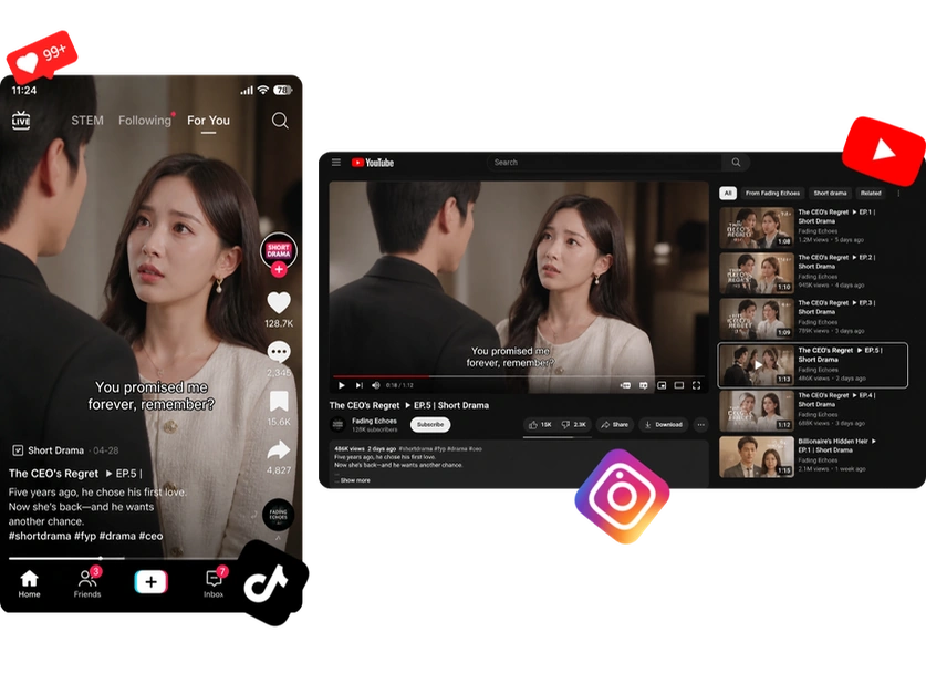 视频尺寸调整工具将剧情场景适配为 TikTok、Instagram 和 YouTube 格式