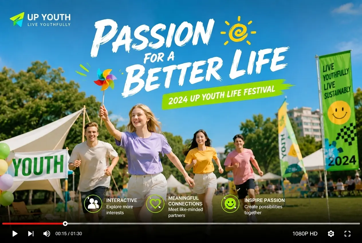 Fotograma de anuncio de festival con texto de campaña destacado y visuales de evento con marca