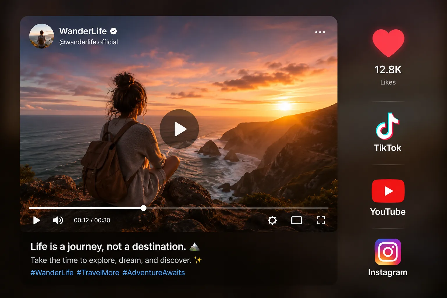Mockup de clip de creador de viajes con señales de interacción de TikTok, YouTube e Instagram