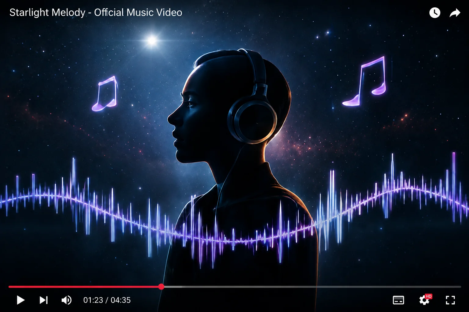 Fotograma de video musical con audífonos, forma de onda y notas brillantes para creación sincronizada con audio
