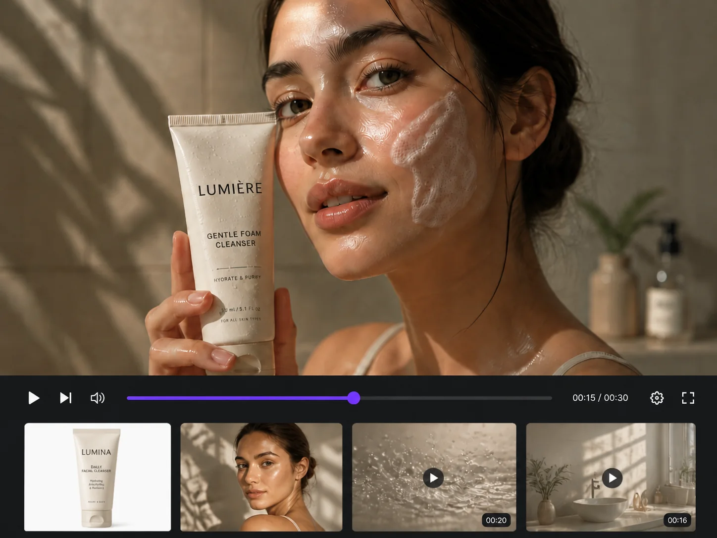 Skincare brand video preview with a product shot, model scene, timeline, and visual references
