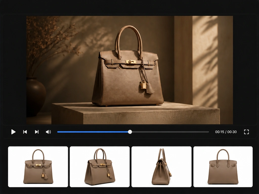 Handbag product video demo with detail shots, reference angles, and consistent packaging
