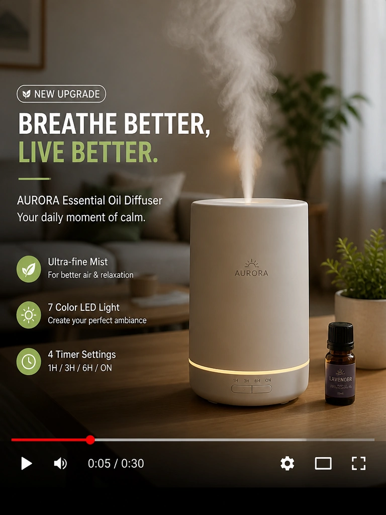 Vídeo de produto Seedance 2.5 com anúncio de difusor e controlos de reprodução