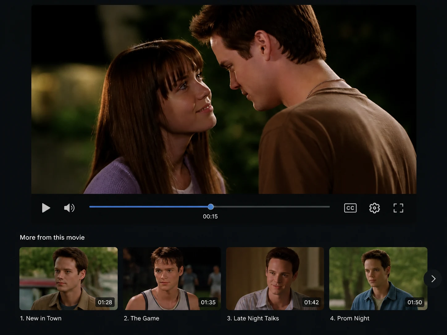 Short drama scene preview showing consistent characters, story clips, and playback controls