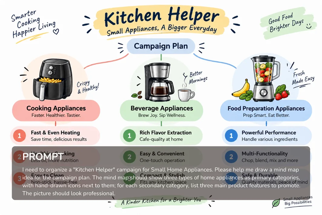 根据详细设计需求编排家电、标签和说明的 Kitchen Helper 信息图