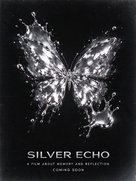 黑色颗粒背景上的银色蝴蝶，搭配 Silver Echo 电影海报式文字