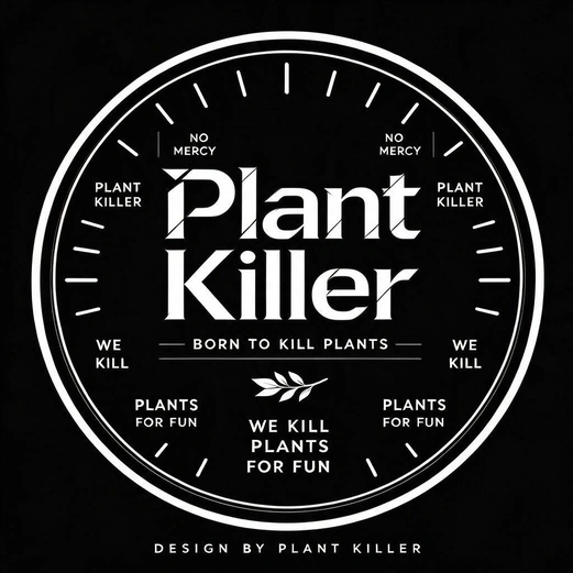 黑白 Plant Killer 标志，采用圆形徽章和醒目的中央文字