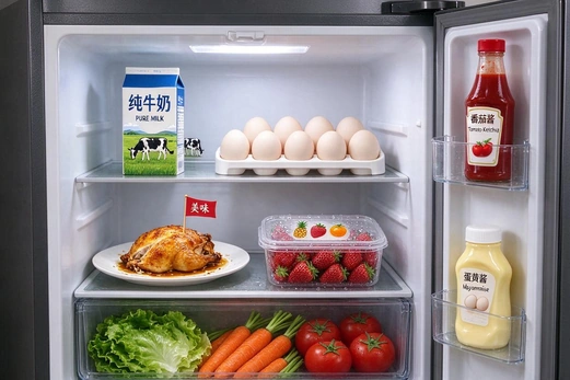 打开的冰箱内摆放着牛奶、鸡蛋、烤鸡、草莓、蔬菜和调味料