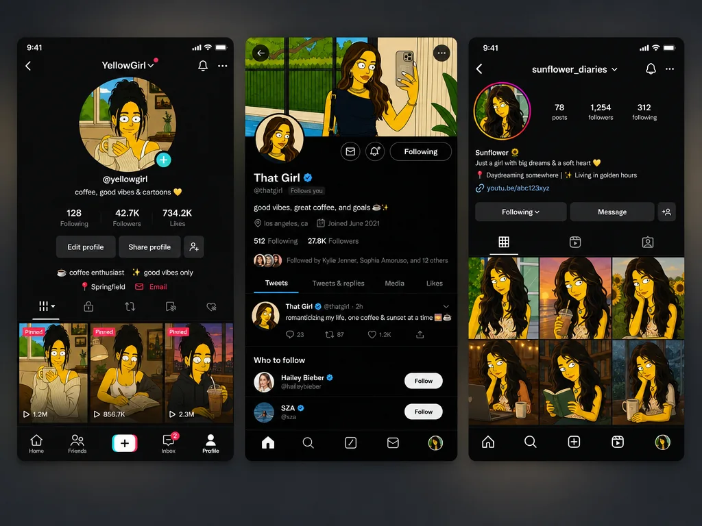 辛普森角色產生器頭像展示在 TikTok、X 與 Instagram 個人檔案畫面中