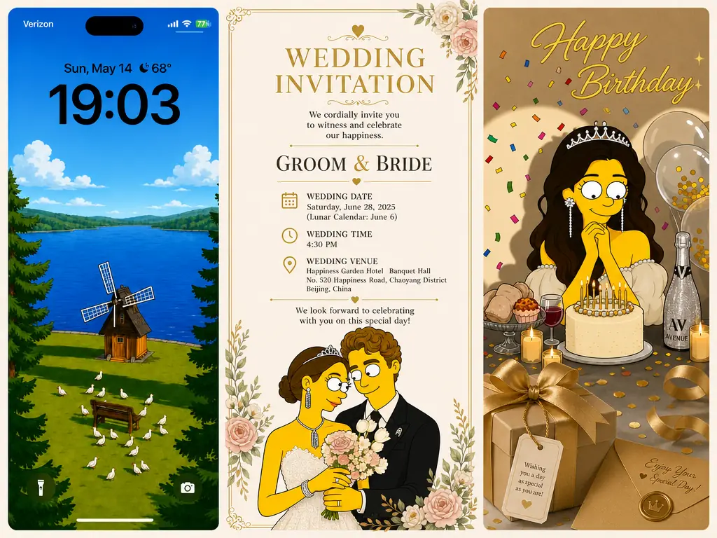 個人化辛普森風格手機桌布、婚禮邀請函與生日禮物設計