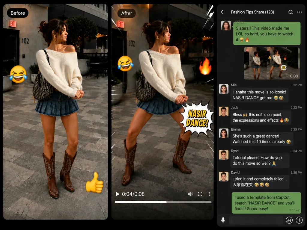 Anteprima di chat di gruppo con video di ballo King Nasir condiviso e reazioni
