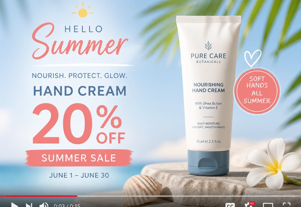Sommerliche Handcreme-Werbung mit Angebotstext und Steuerelementen zur Videowiedergabe