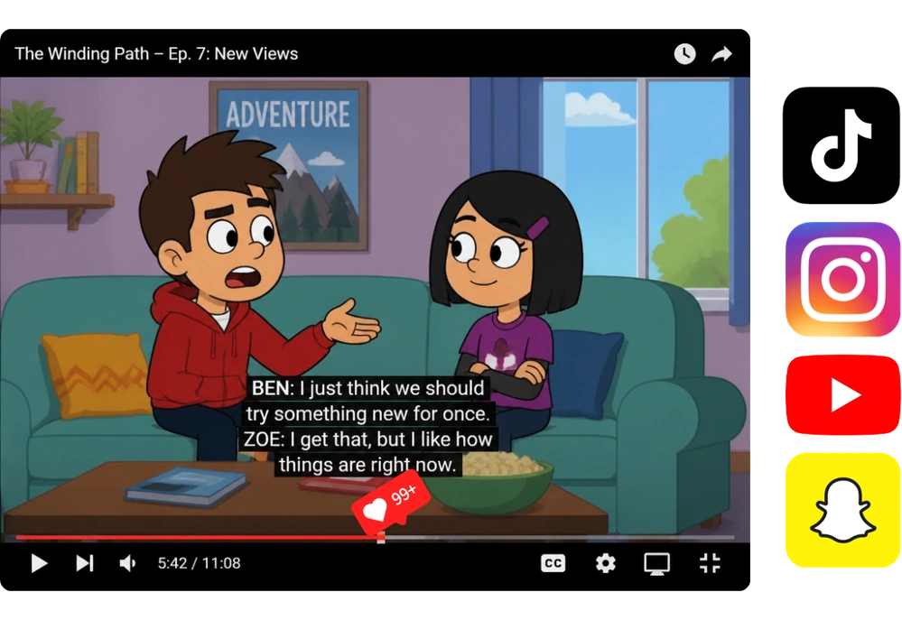 Animierte Social-Video-Vorschau mit Untertiteln, Reaktionen und Plattform-Symbolen